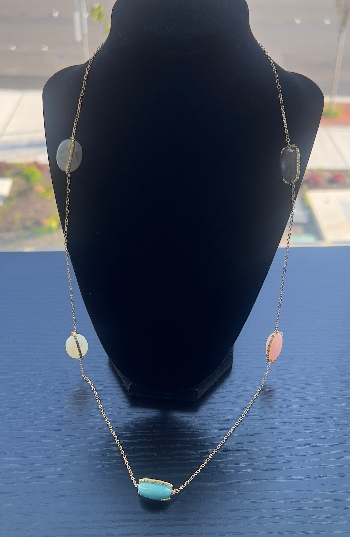 Handmade LongColorful Gemstone Station Necklace