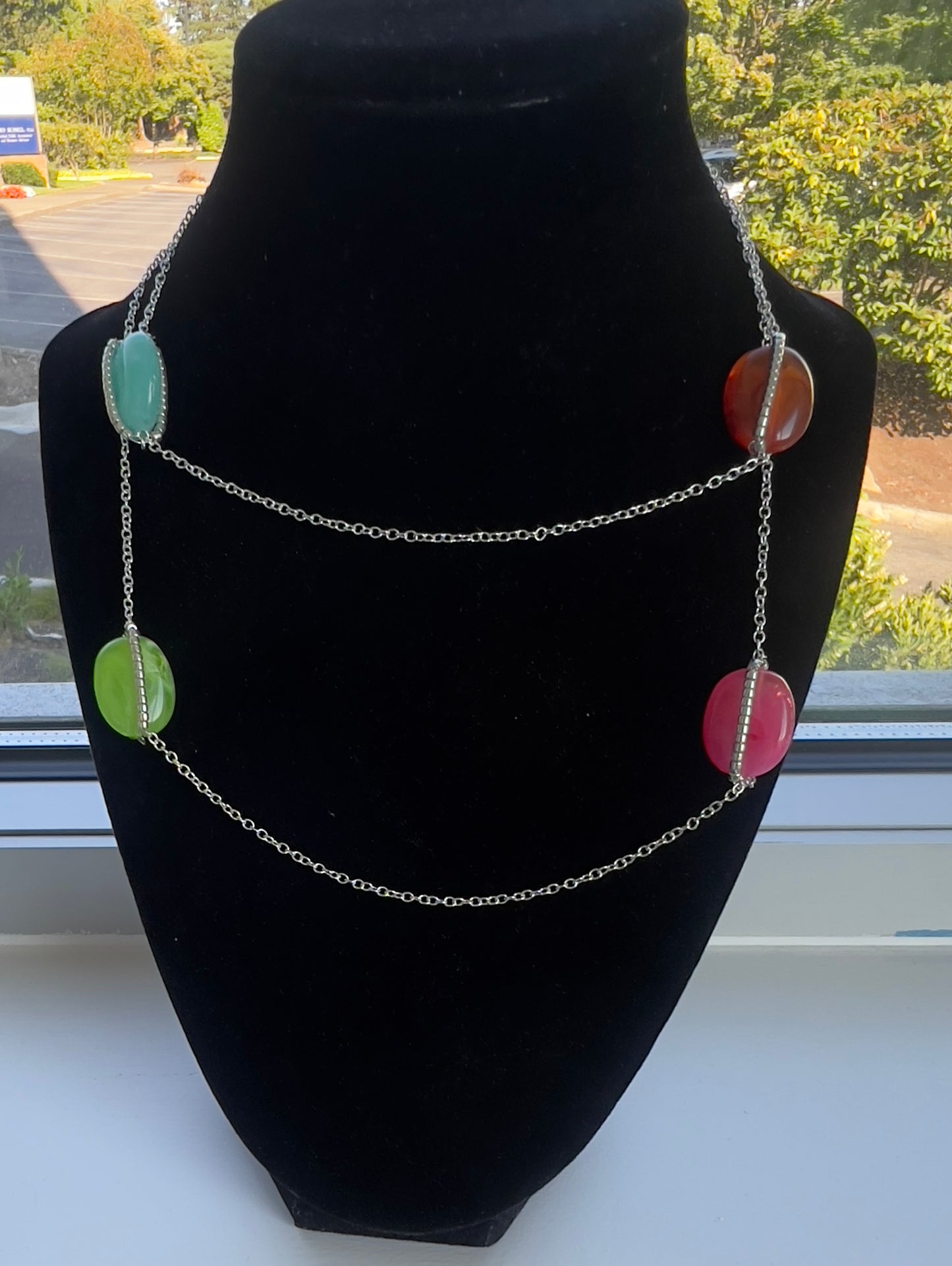 Handmade LongColorful Gemstone Station Necklace