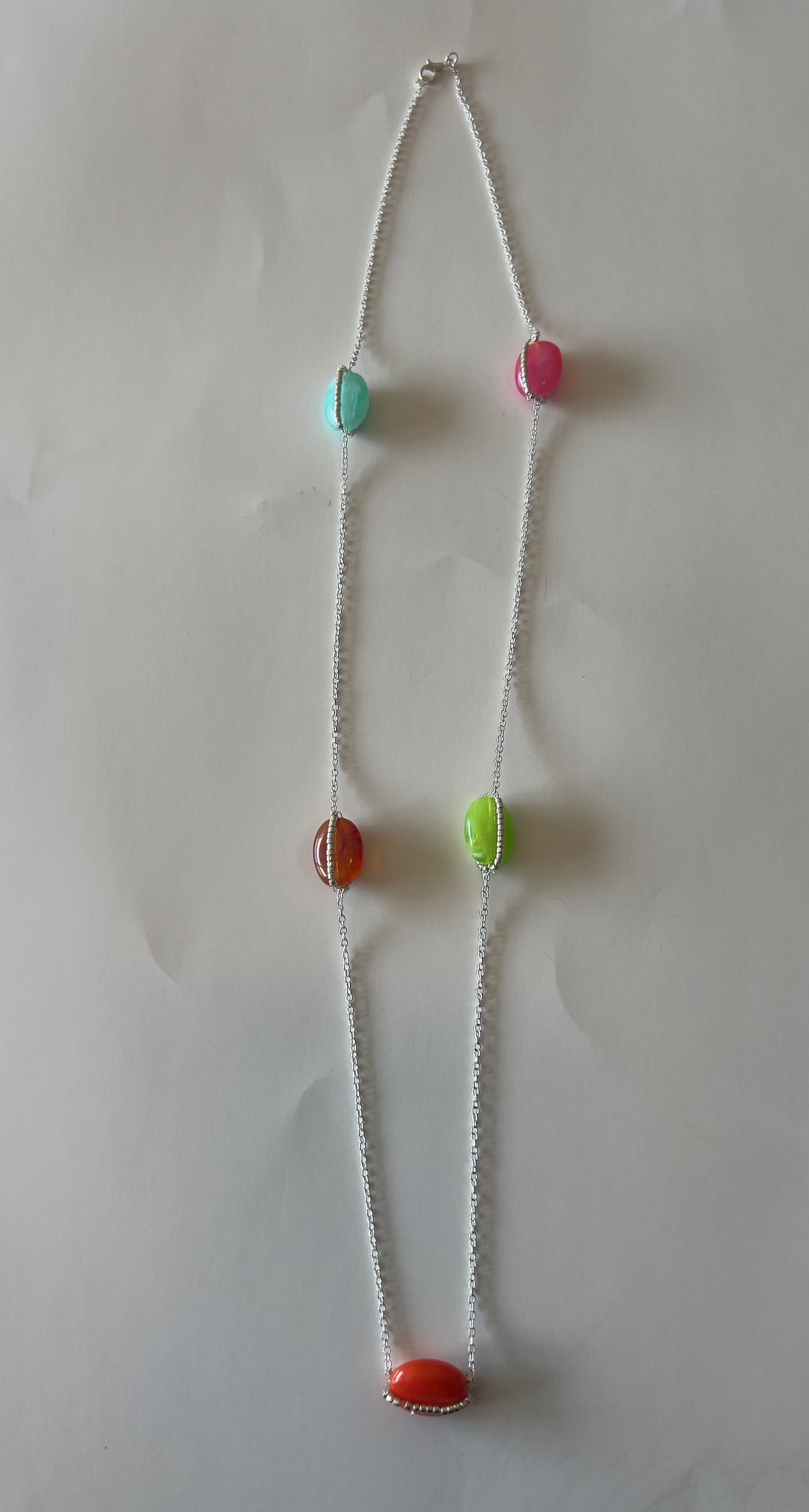 Handmade LongColorful Gemstone Station Necklace