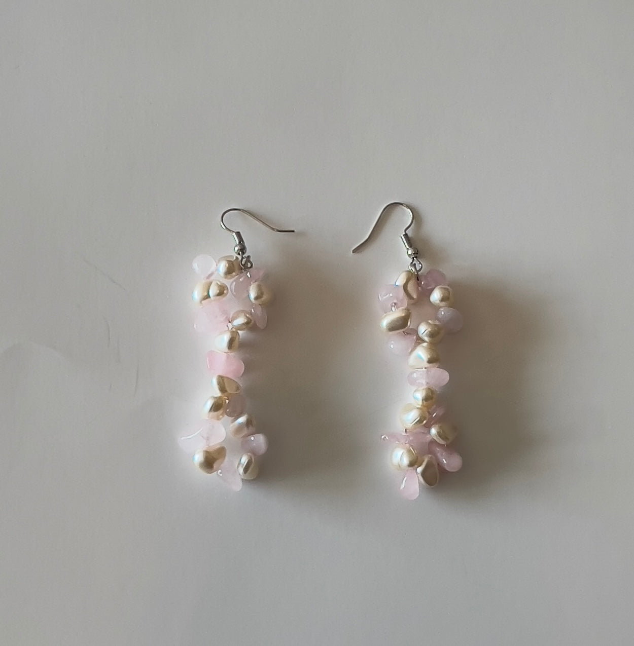 Pearl & Rose Quartz Cluster Dangle Earrings