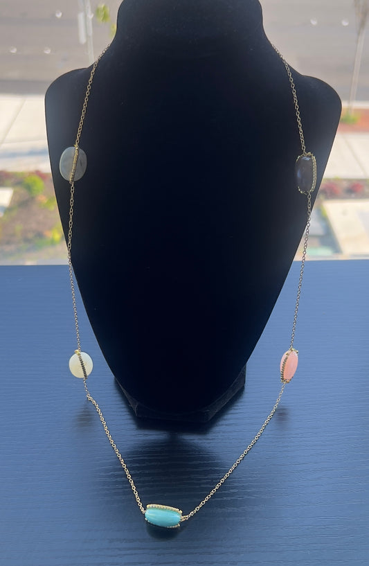 Handmade LongColorful Gemstone Station Necklace
