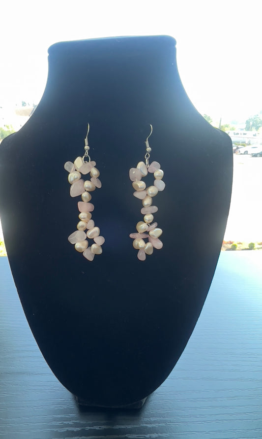 Pearl & Rose Quartz Cluster Dangle Earrings