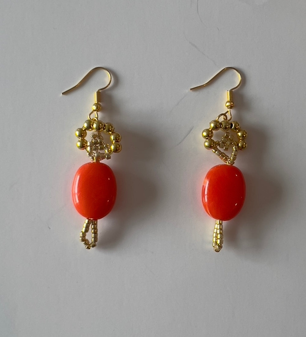 Golden Coral Bead Dangle Earrings