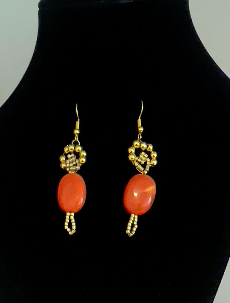 Golden Coral Bead Dangle Earrings