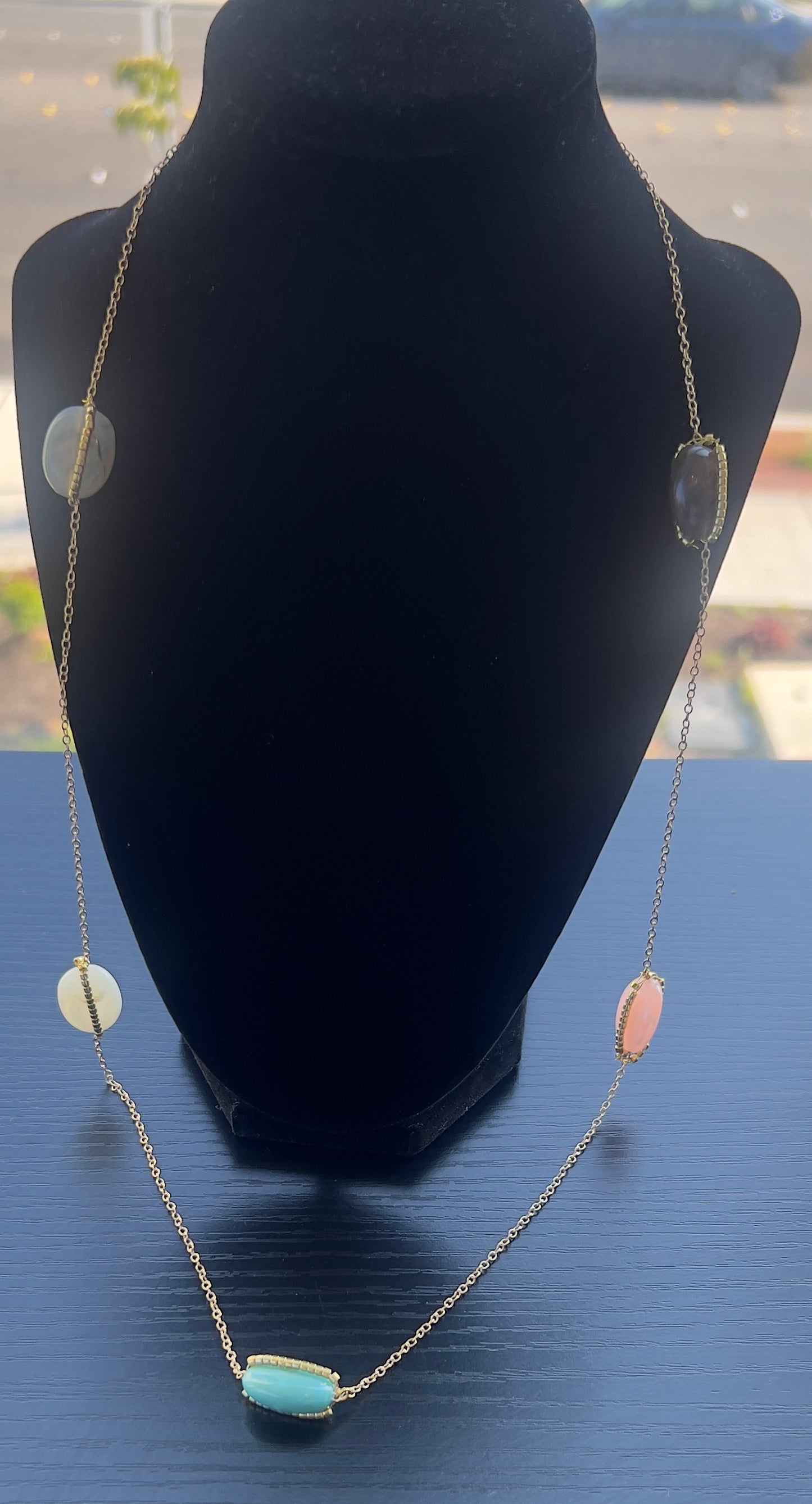 Handmade LongColorful Gemstone Station Necklace