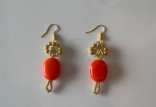 Golden Coral Bead Dangle Earrings